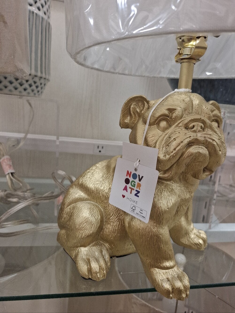 NOVOGRATZ 23" GOLD RESIN BULLDOG WHITE SHADE TABLE LAMP NWT
